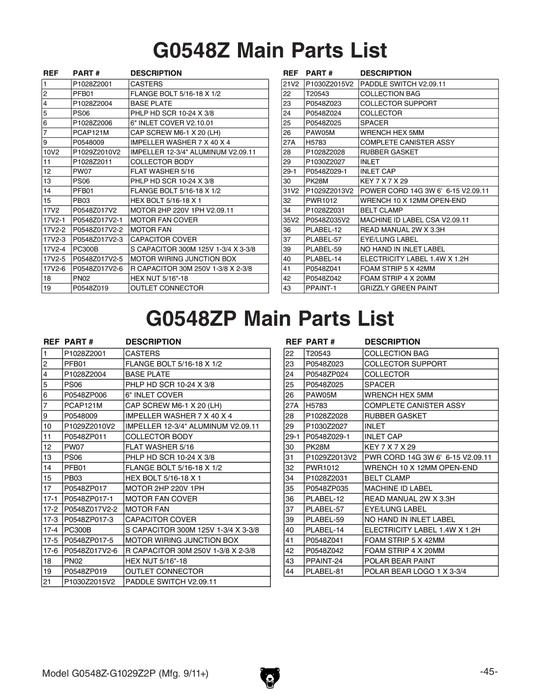 Grizzly G1029Z2P owner manual G0548Z Main Parts List, G0548ZP Main Parts List 