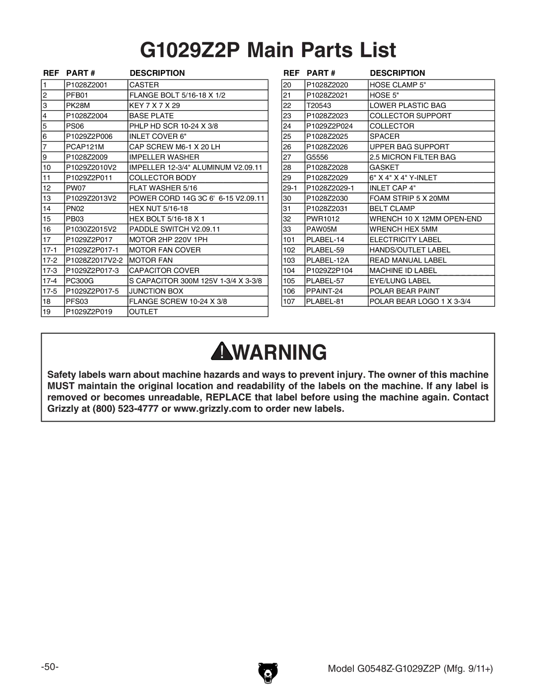 Grizzly owner manual G1029Z2P Main Parts List 