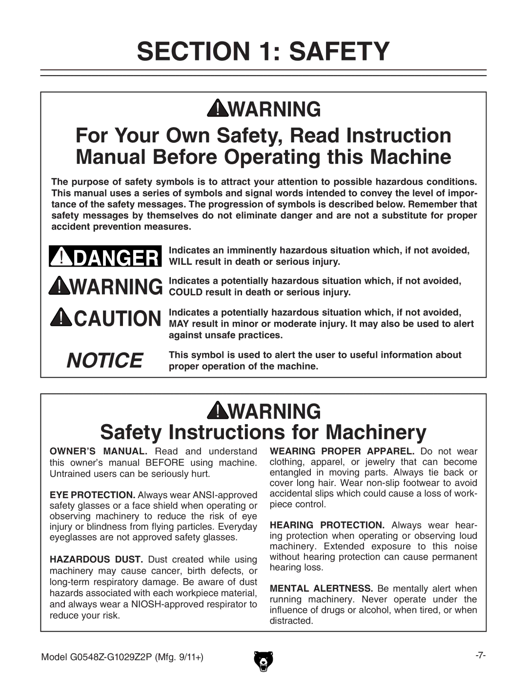 Grizzly G1029Z2P owner manual Safety Instructions for Machinery, DWhZgkc\ bVXcZgn id gZYjXZ iZ gh` d ZnZ 