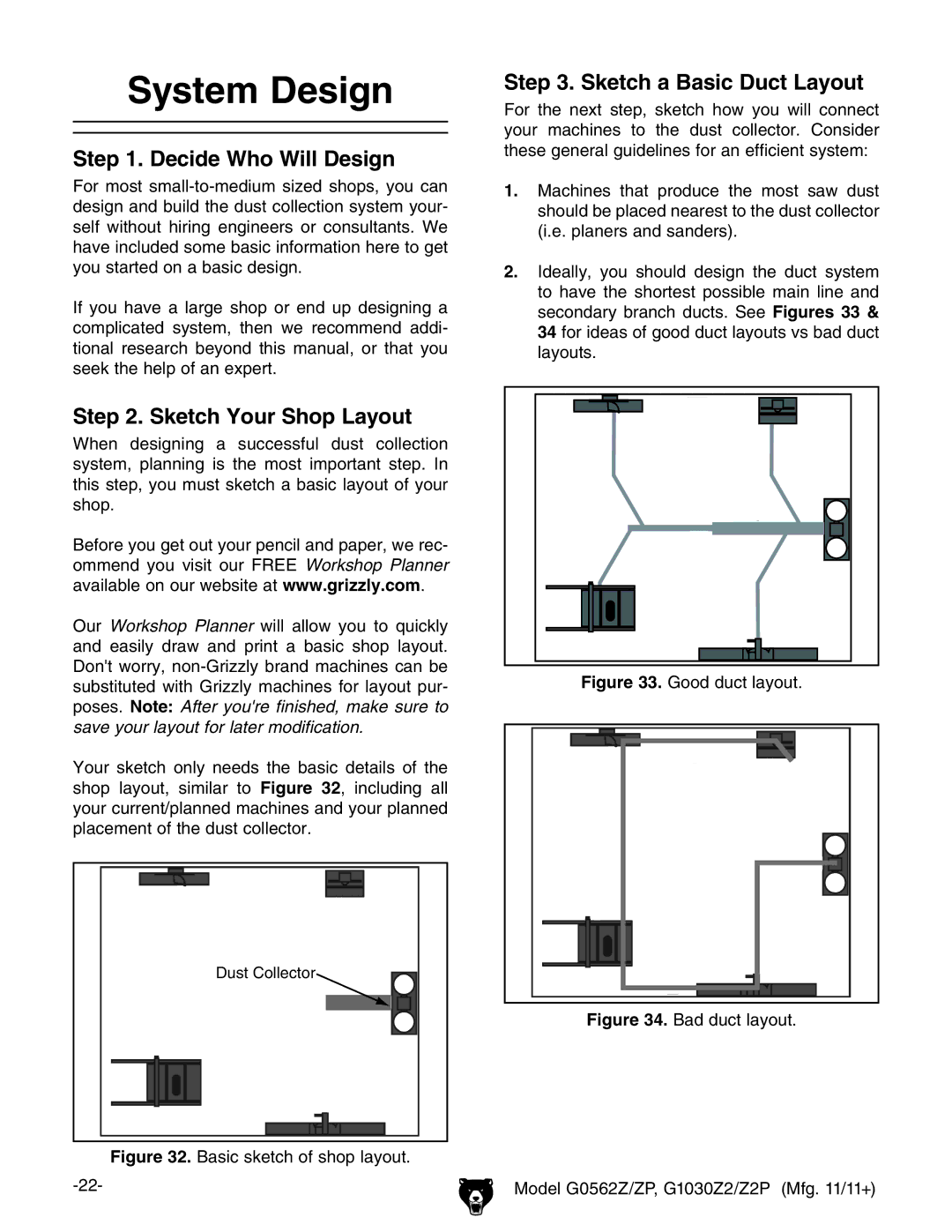 Grizzly G1030Z2 owner manual System Design, Decide Who Will Design, Sketch Your Shop Layout, Sketch a Basic Duct Layout 