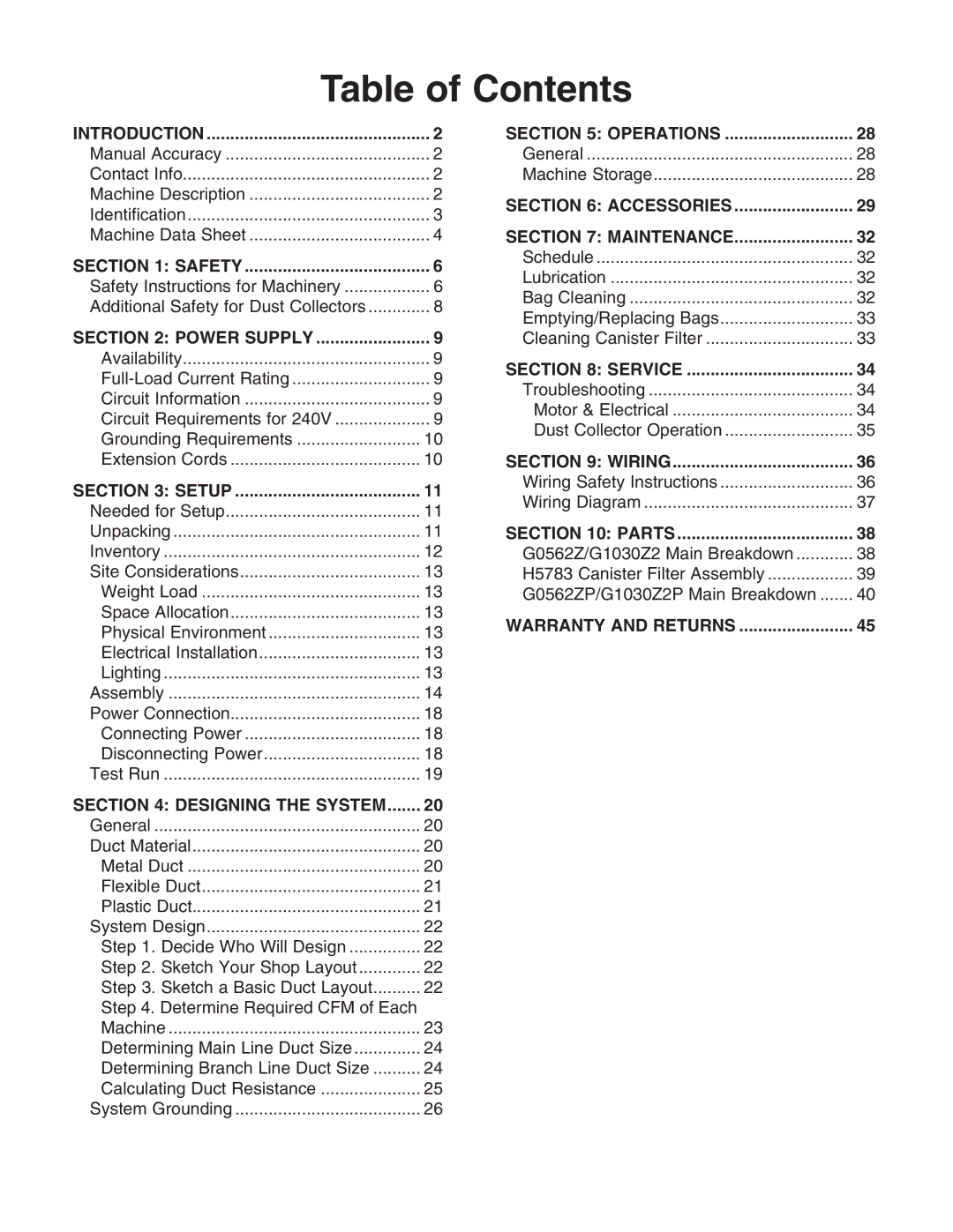 Grizzly G1030Z2 owner manual Table of Contents 