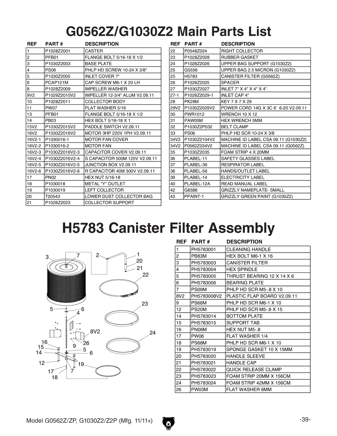 Grizzly owner manual G0562Z/G1030Z2 Main Parts List, Description 