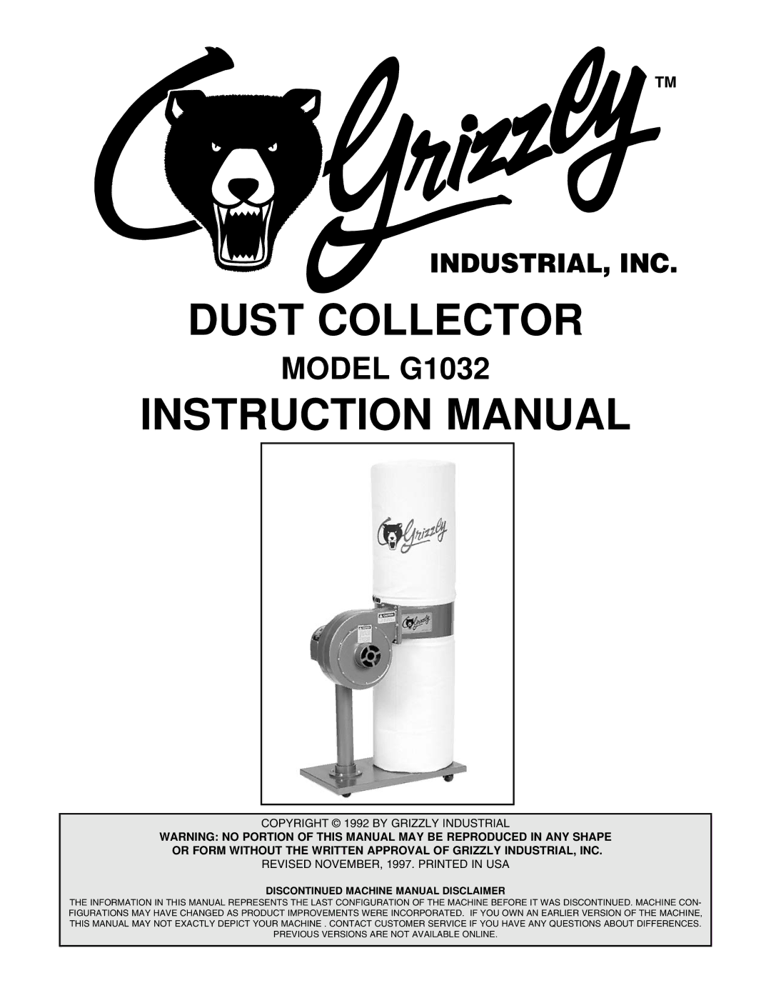 Grizzly G1032 instruction manual Dust Collector 