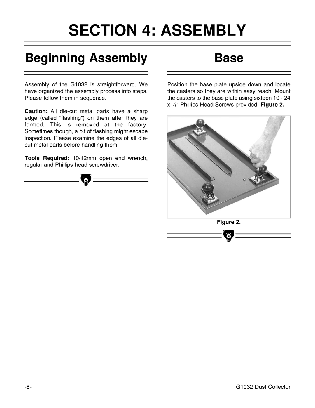 Grizzly G1032 instruction manual Beginning Assembly Base 