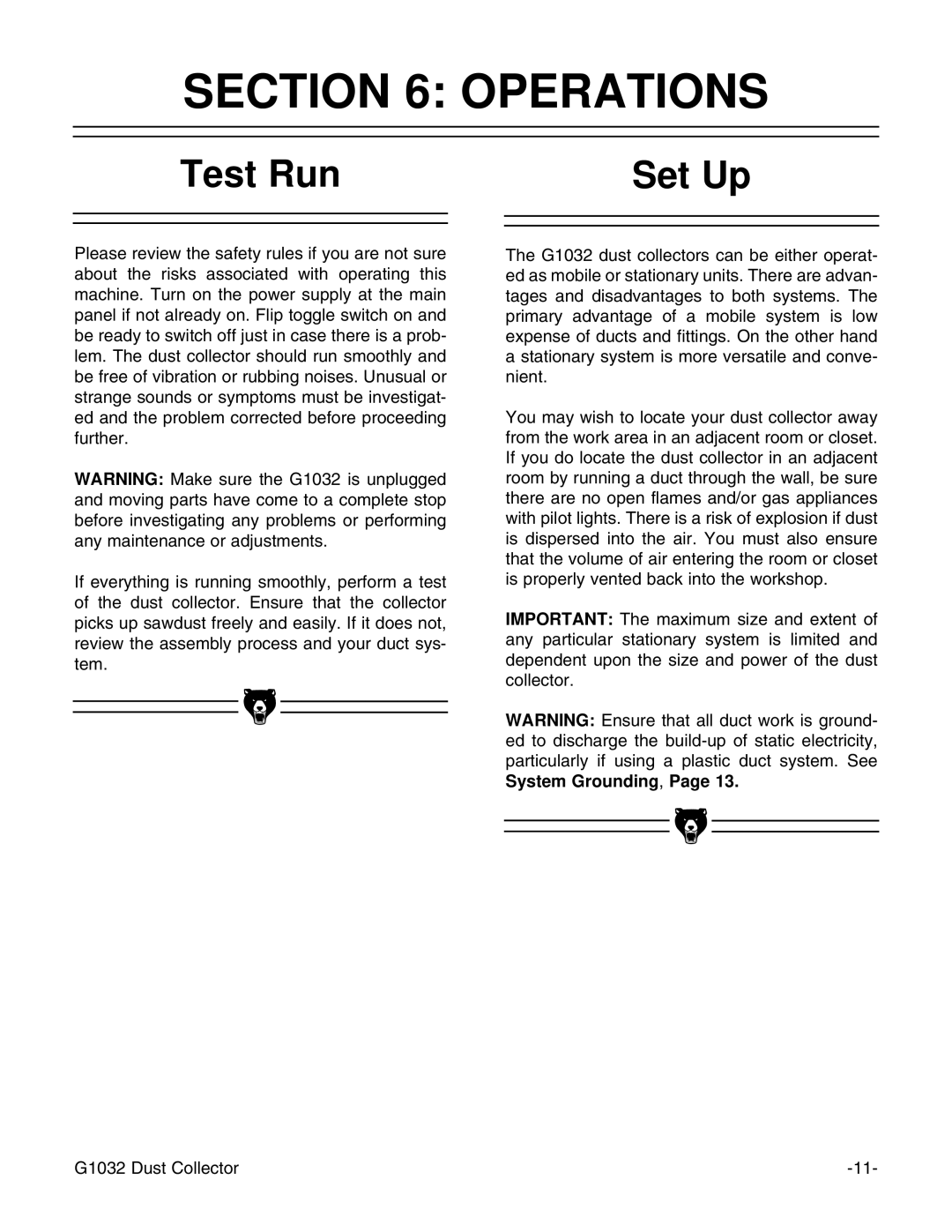 Grizzly G1032 instruction manual Operations, Test Run Set Up 