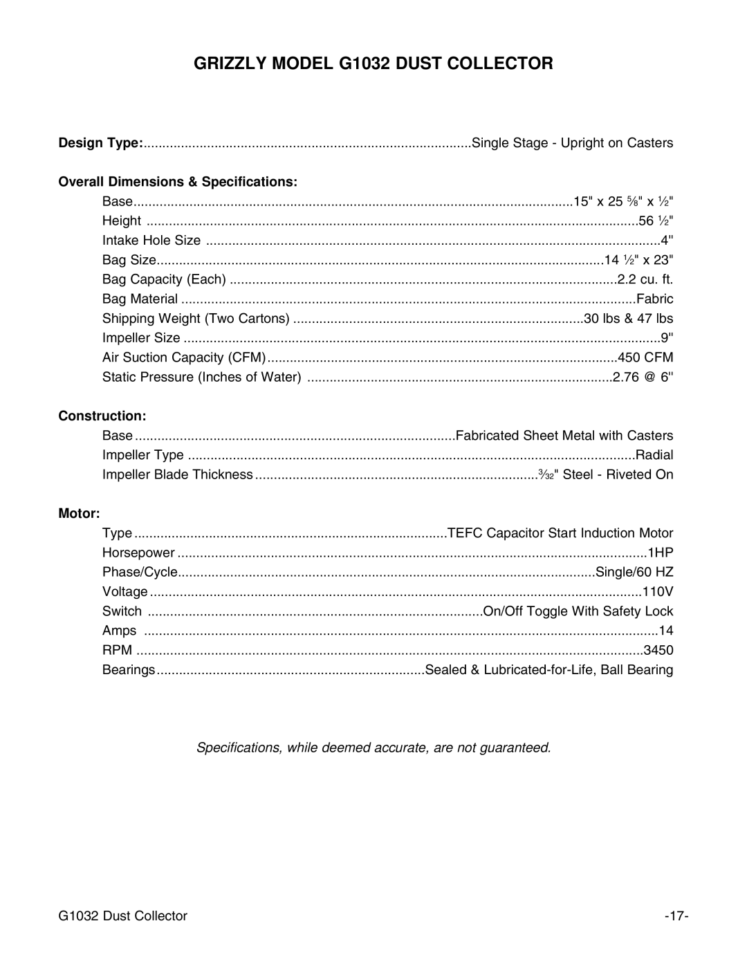 Grizzly instruction manual Grizzly Model G1032 Dust Collector 