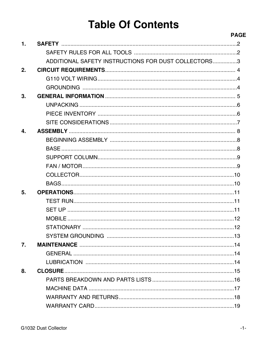 Grizzly G1032 instruction manual Table Of Contents 