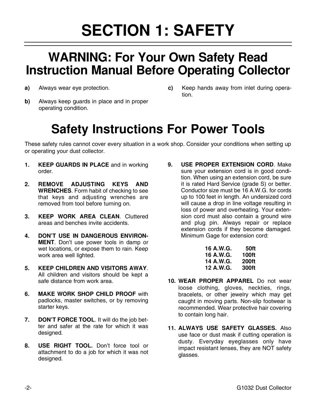 Grizzly G1032 instruction manual Safety Instructions For Power Tools 