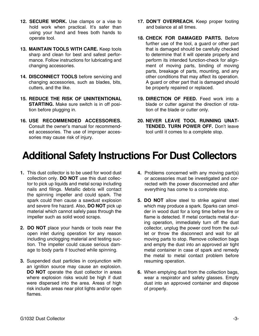 Grizzly G1032 instruction manual Additional Safety Instructions For Dust Collectors 