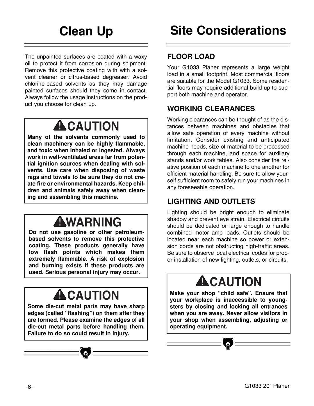 Grizzly G1033 instruction manual Clean Up, Site Considerations 