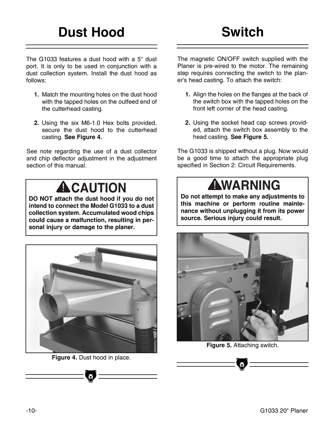 Grizzly G1033 instruction manual Dust Hood Switch, Attaching switch 