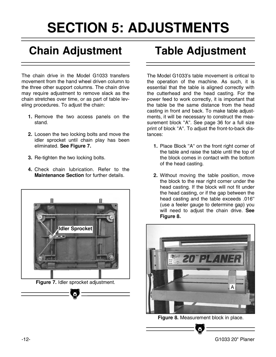 Grizzly G1033 instruction manual Adjustments, Chain Adjustment Table Adjustment 