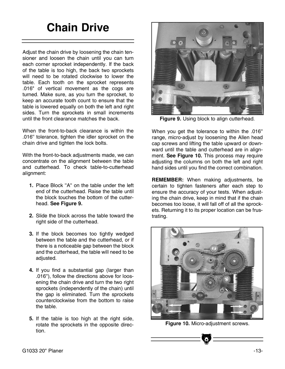 Grizzly instruction manual Chain Drive, Micro-adjustment screws G1033 20 Planer 