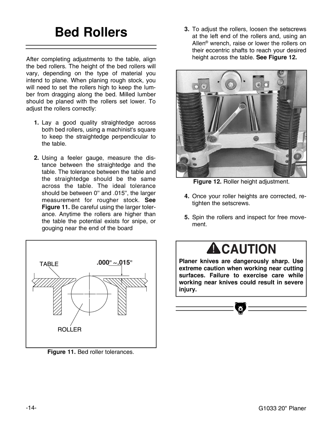 Grizzly G1033 instruction manual Bed Rollers 