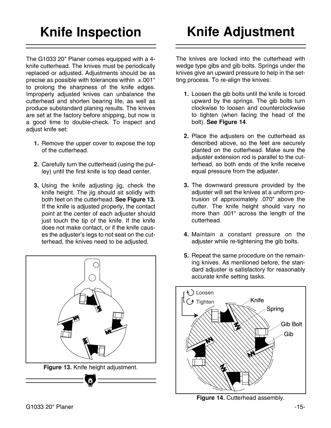 Grizzly G1033 instruction manual Knife Inspection, Knife Adjustment 