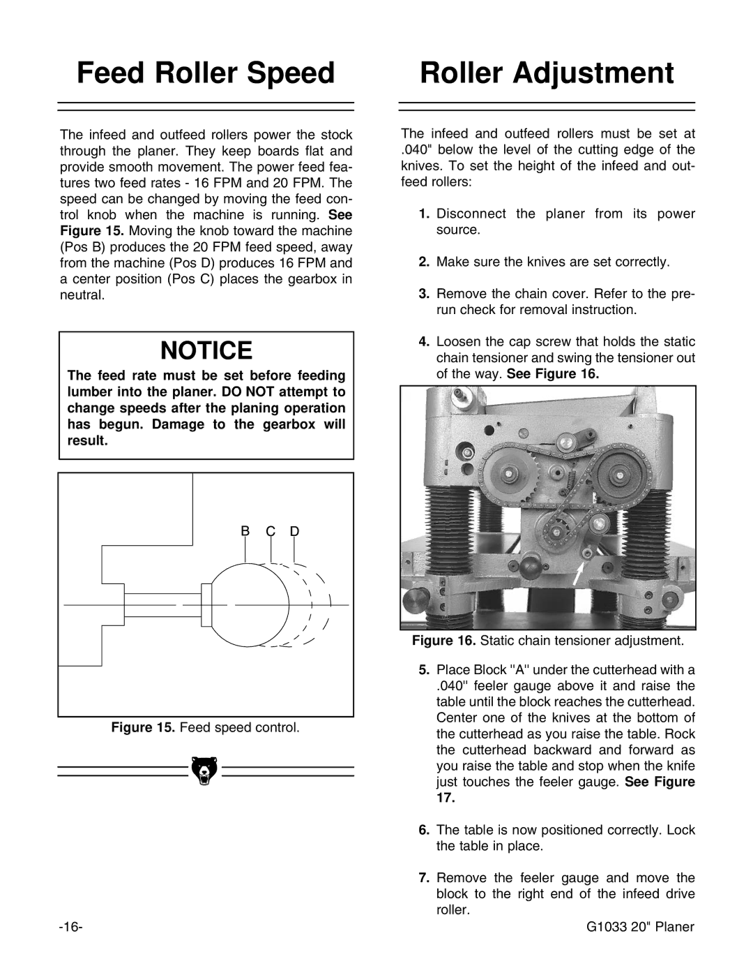 Grizzly G1033 instruction manual Feed Roller Speed, Roller Adjustment 