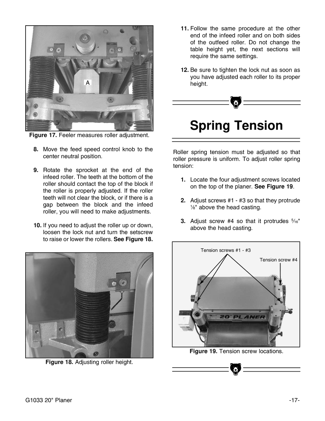 Grizzly instruction manual Spring Tension, Tension screw locations G1033 20 Planer 