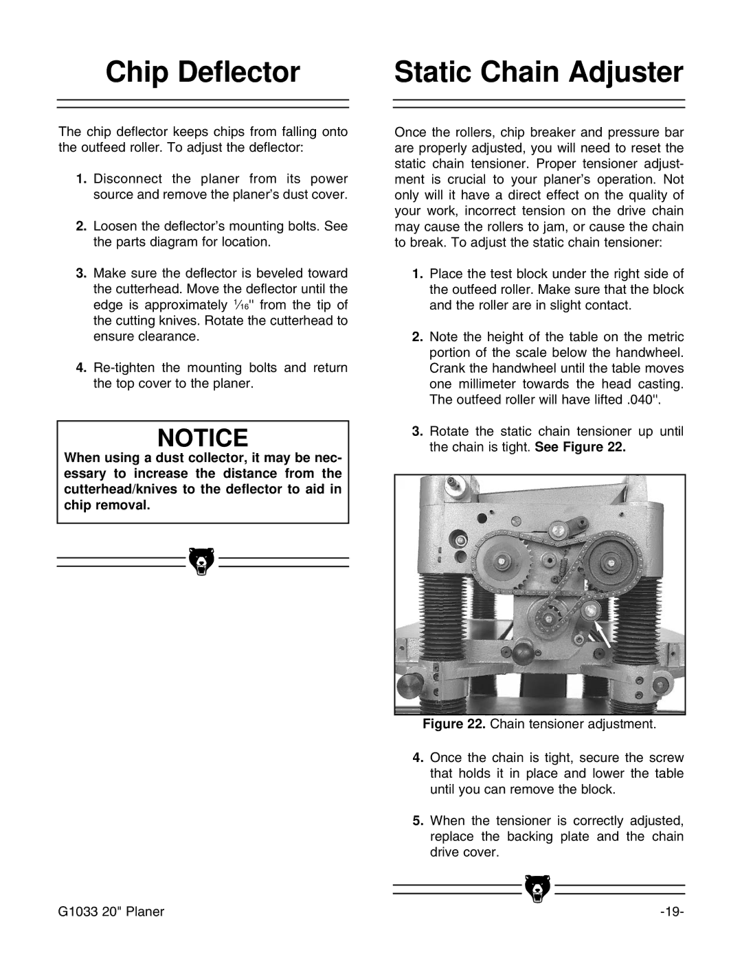 Grizzly G1033 instruction manual Chip Deflector, Static Chain Adjuster 