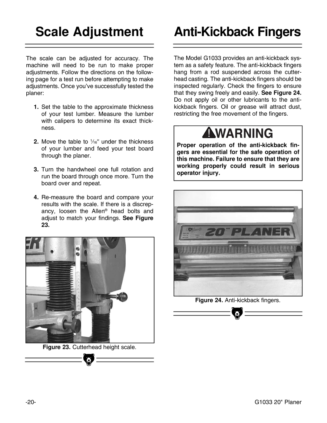 Grizzly G1033 instruction manual Scale Adjustment, Anti-Kickback Fingers 