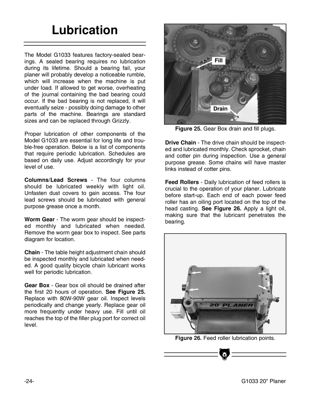 Grizzly instruction manual Lubrication, Feed roller lubrication points G1033 20 Planer 