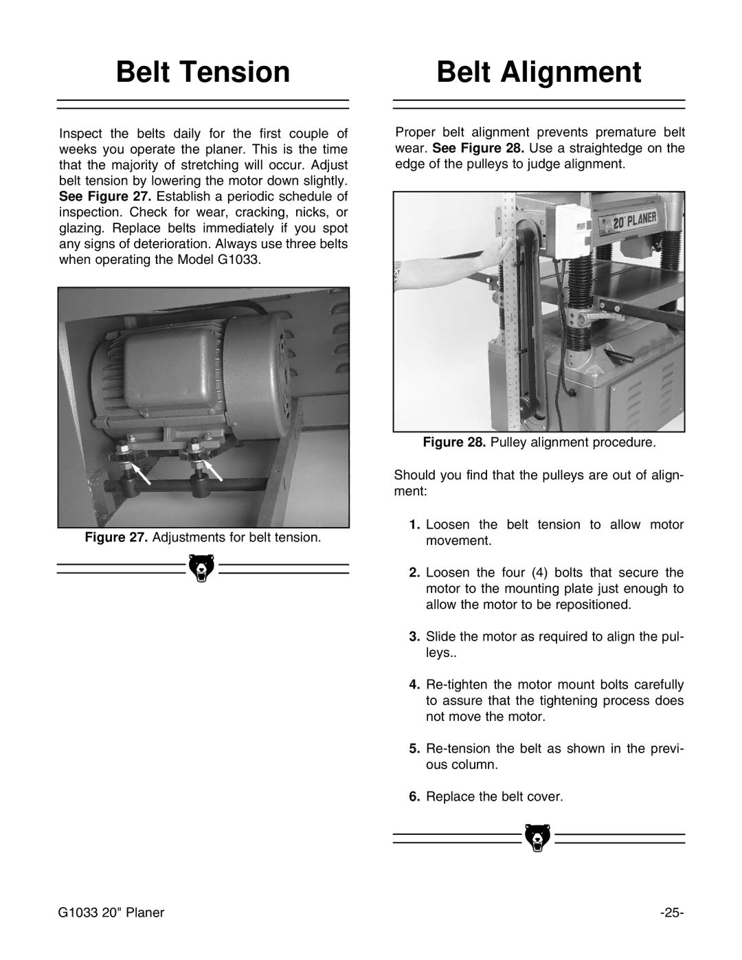 Grizzly G1033 instruction manual Belt Tension Belt Alignment 