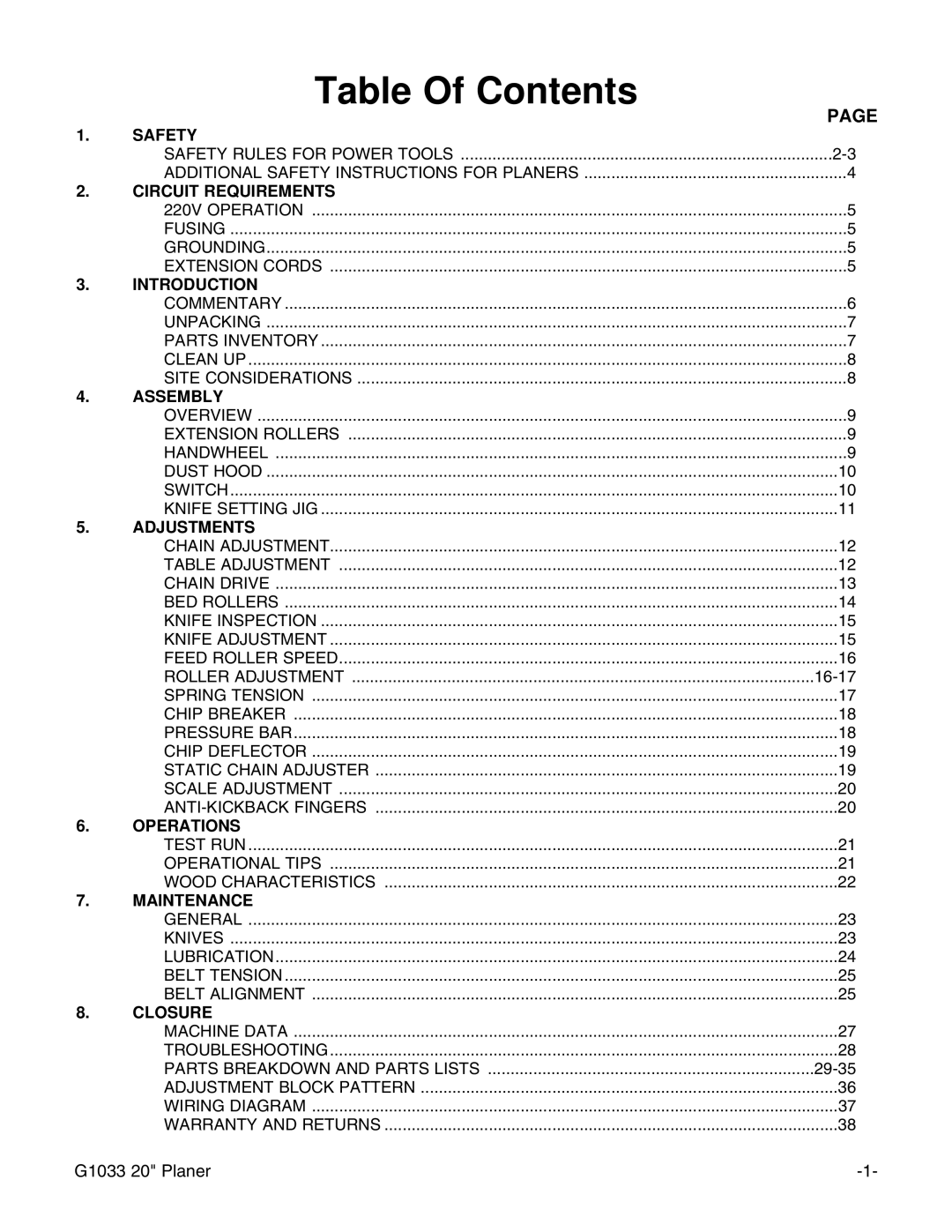 Grizzly G1033 instruction manual Table Of Contents 