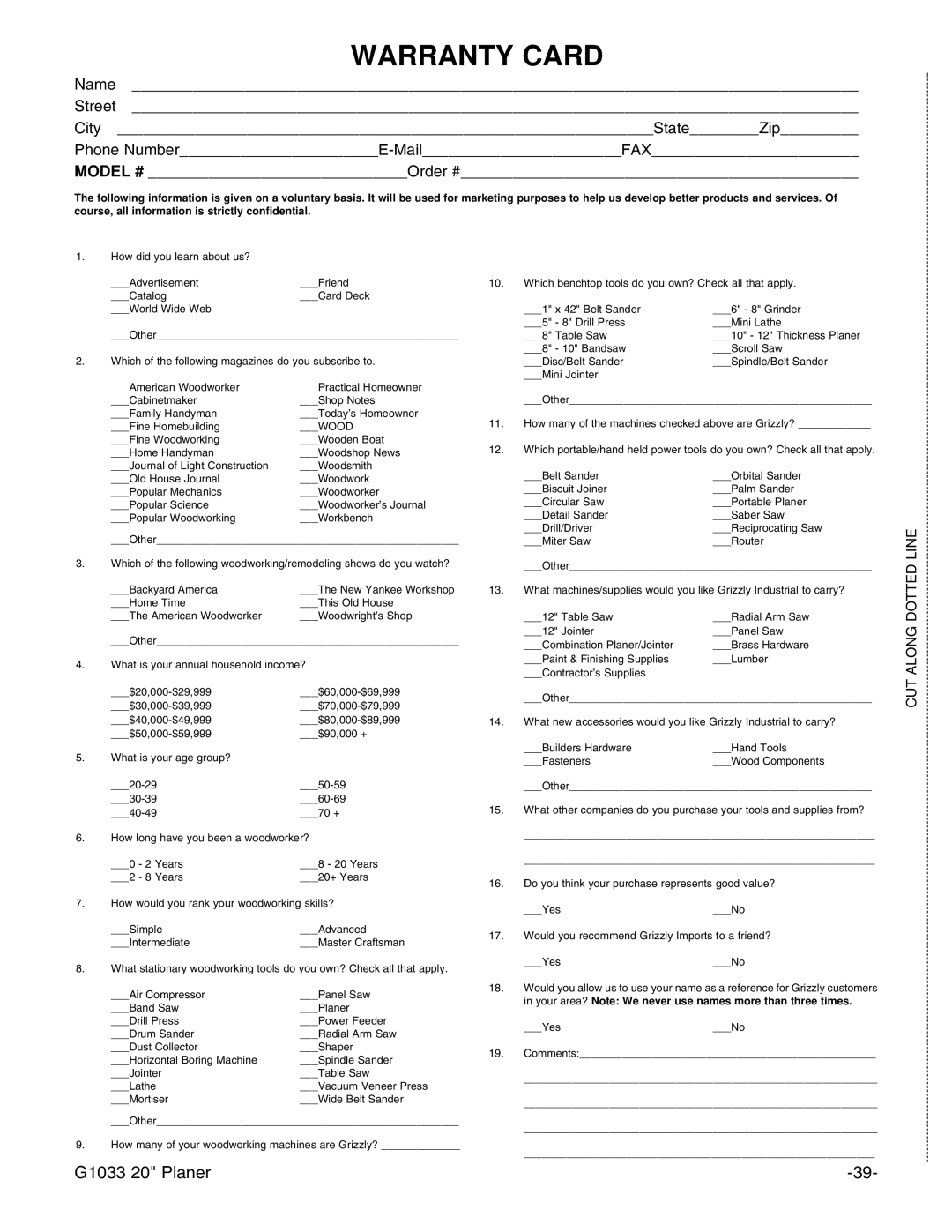 Grizzly G1033 instruction manual Warranty Card 