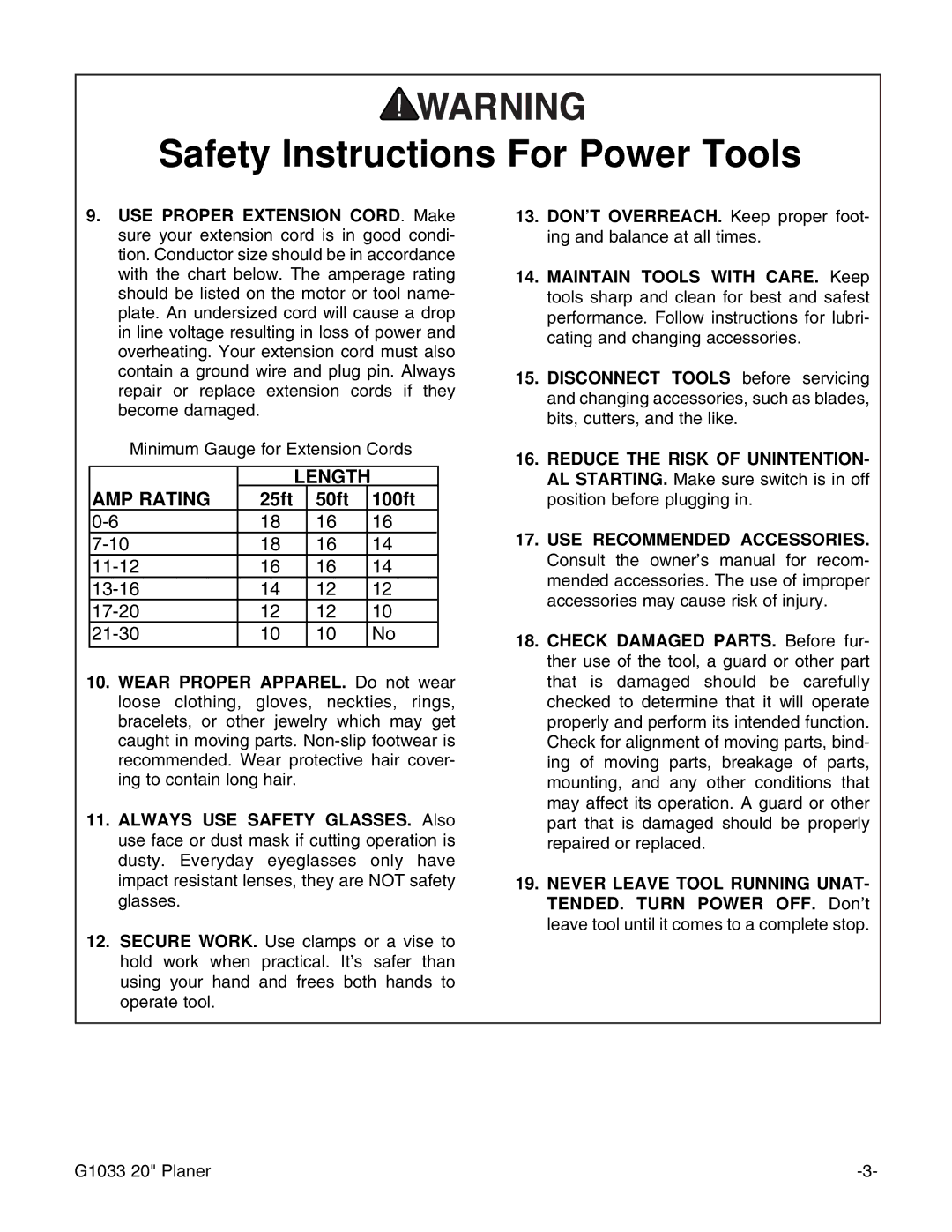 Grizzly G1033 instruction manual AMP Rating 