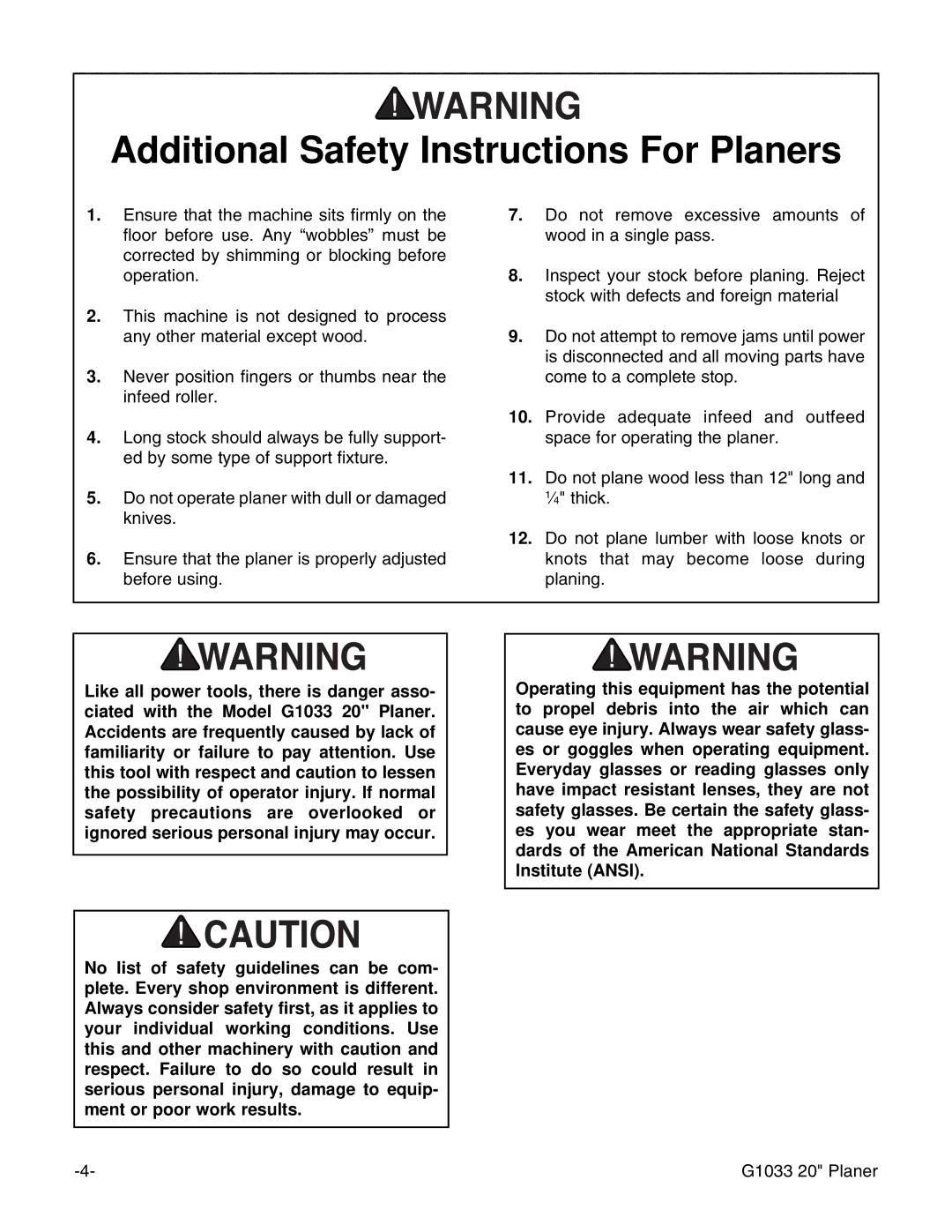 Grizzly G1033 instruction manual Additional Safety Instructions For Planers 