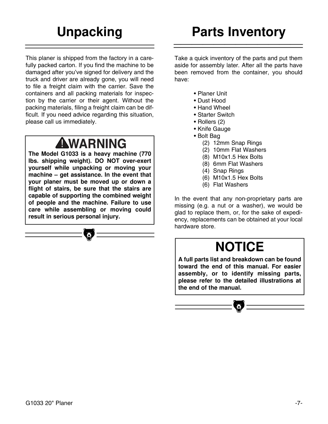 Grizzly G1033 instruction manual Unpacking, Parts Inventory 