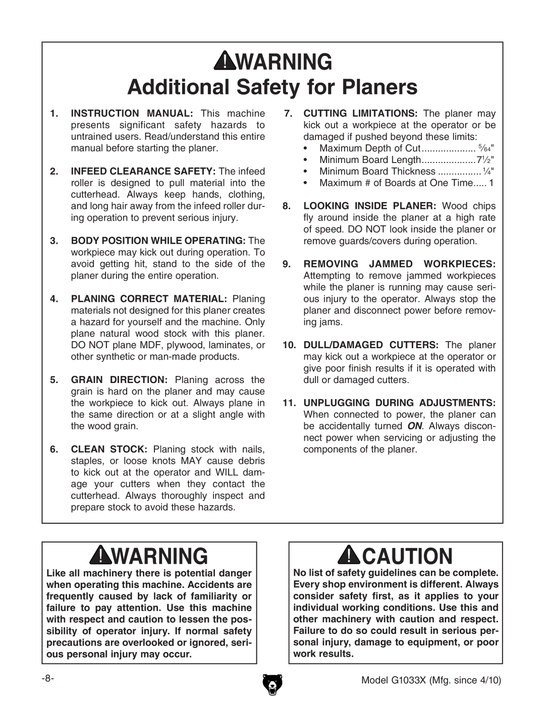 Grizzly G1033X owner manual Additional Safety for Planers, Removing jammed workpieces, Unplugging during adjustments 