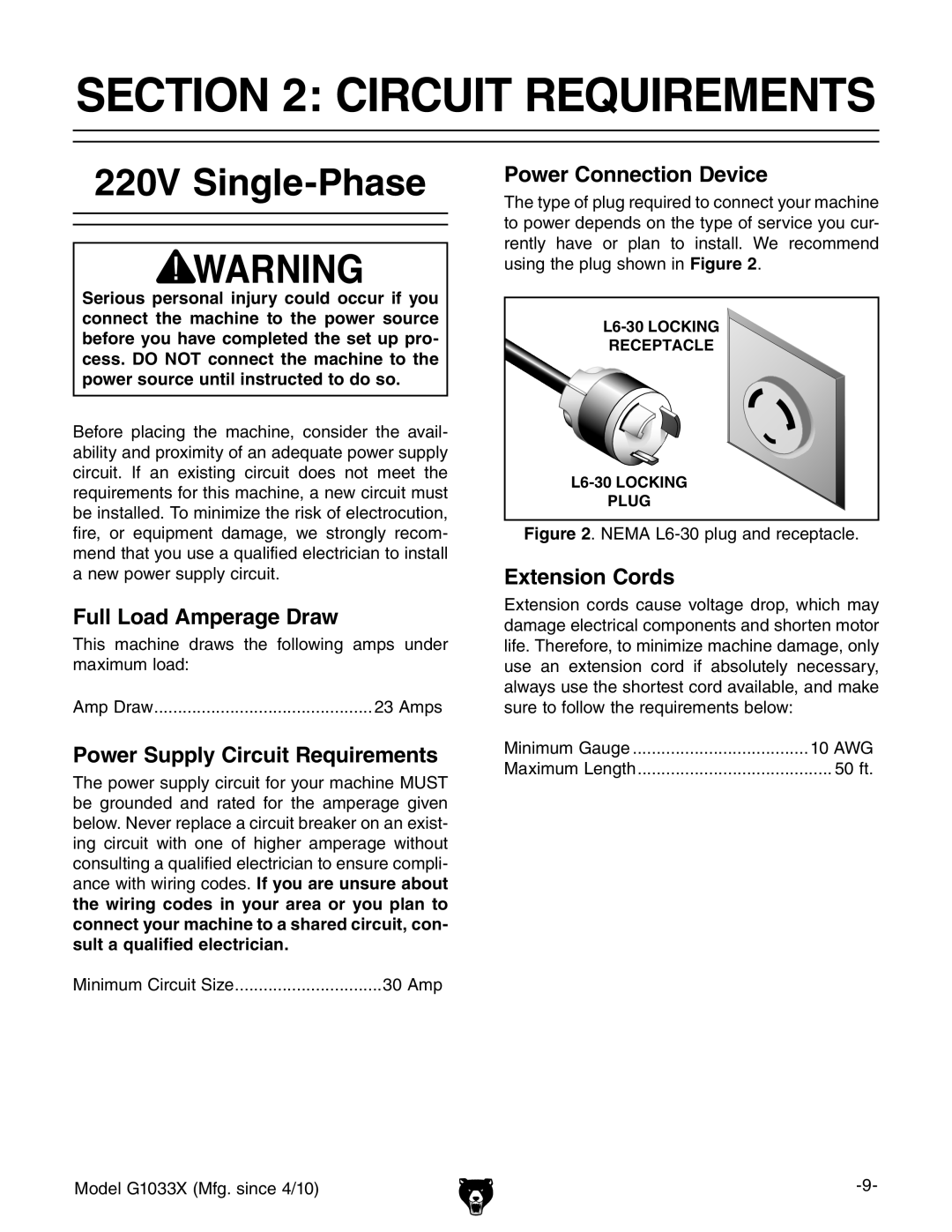 Grizzly G1033X owner manual Circuit Requirements, 220V Single-Phase 