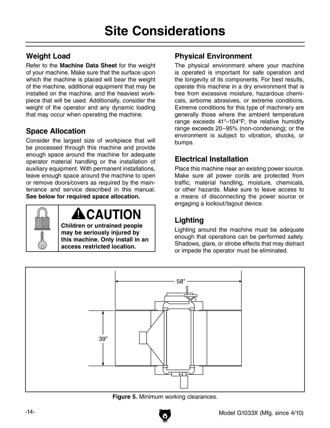 Grizzly G1033X owner manual Site Considerations, Weight Load 