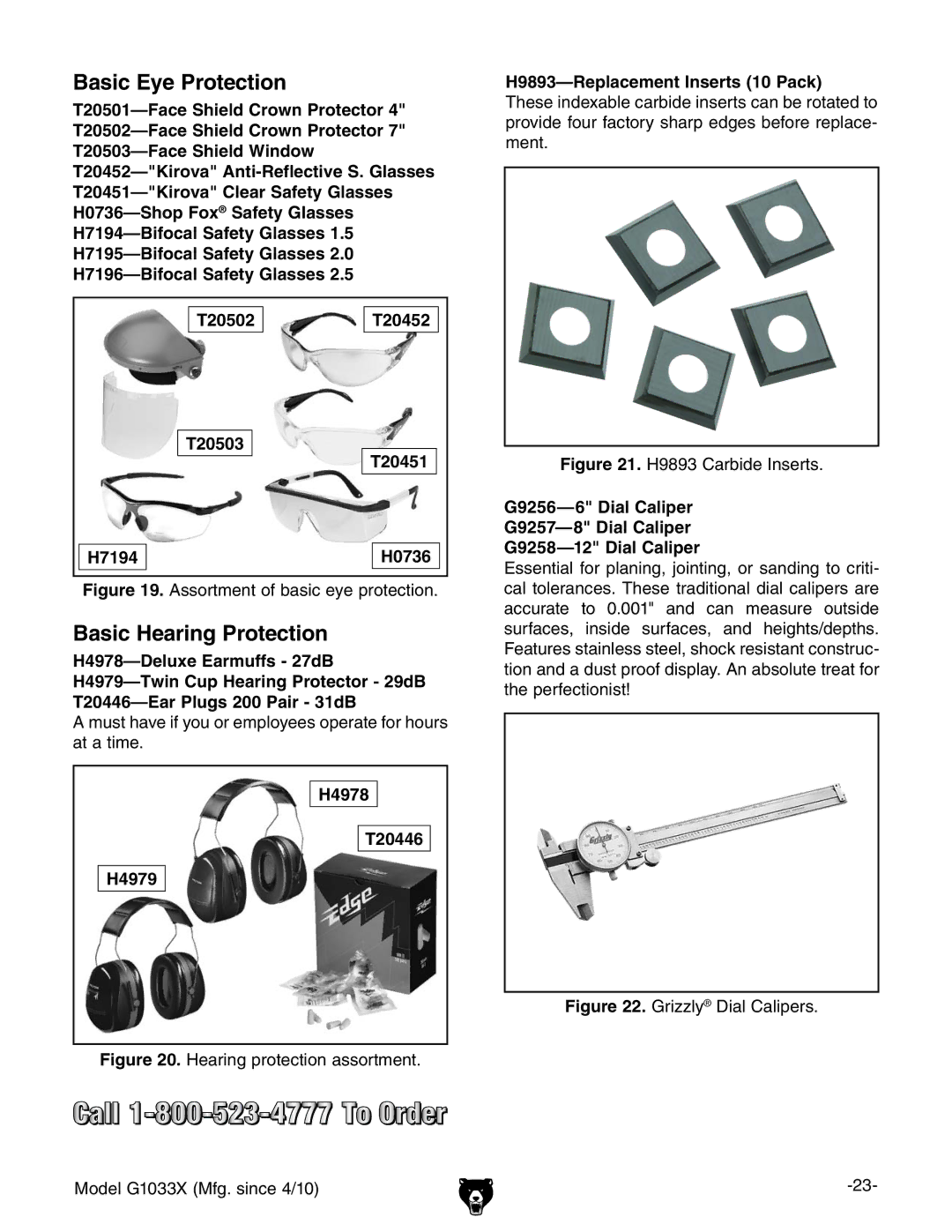 Grizzly G1033X owner manual H4978 T20446 H4979, H9893-Replacement Inserts 10 Pack 