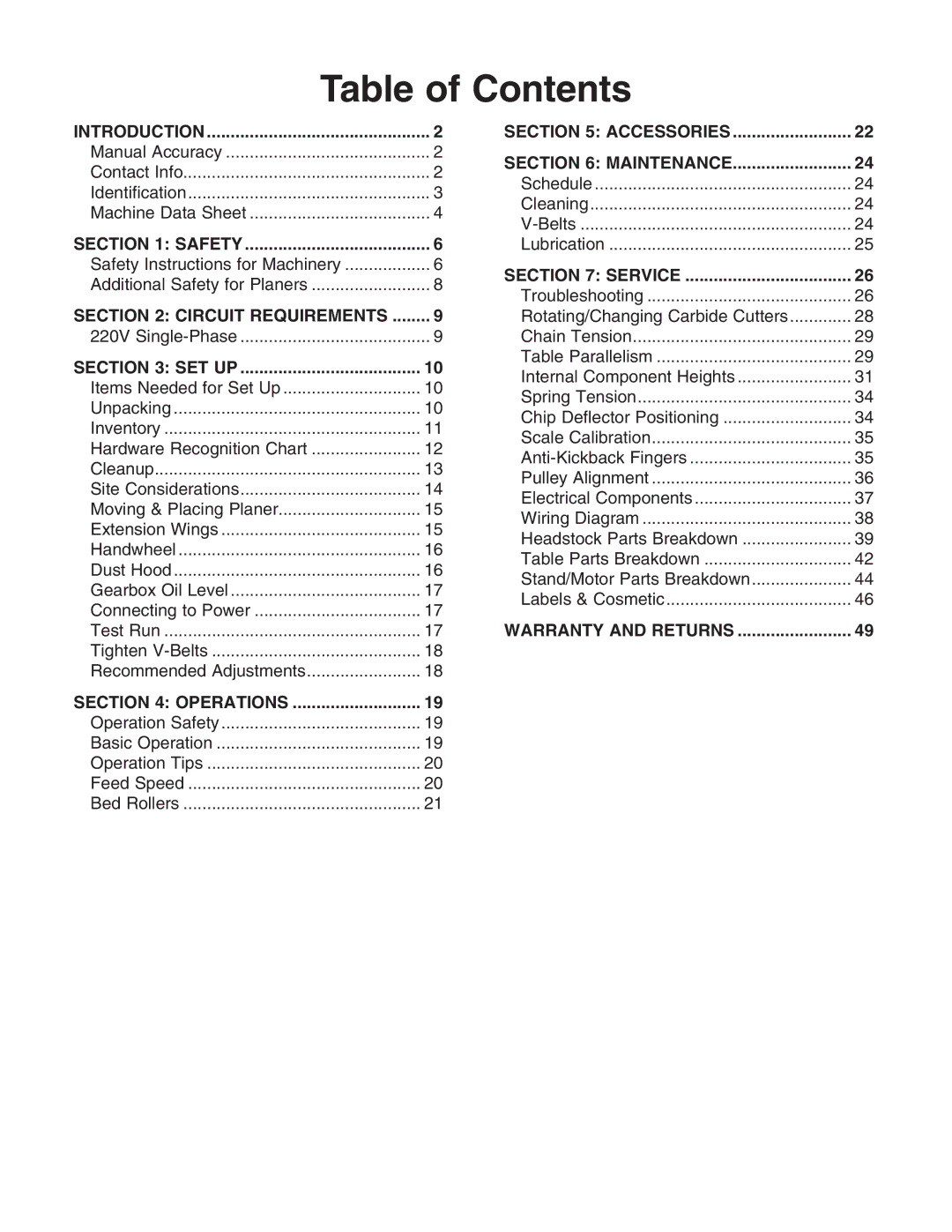 Grizzly G1033X owner manual Table of Contents 