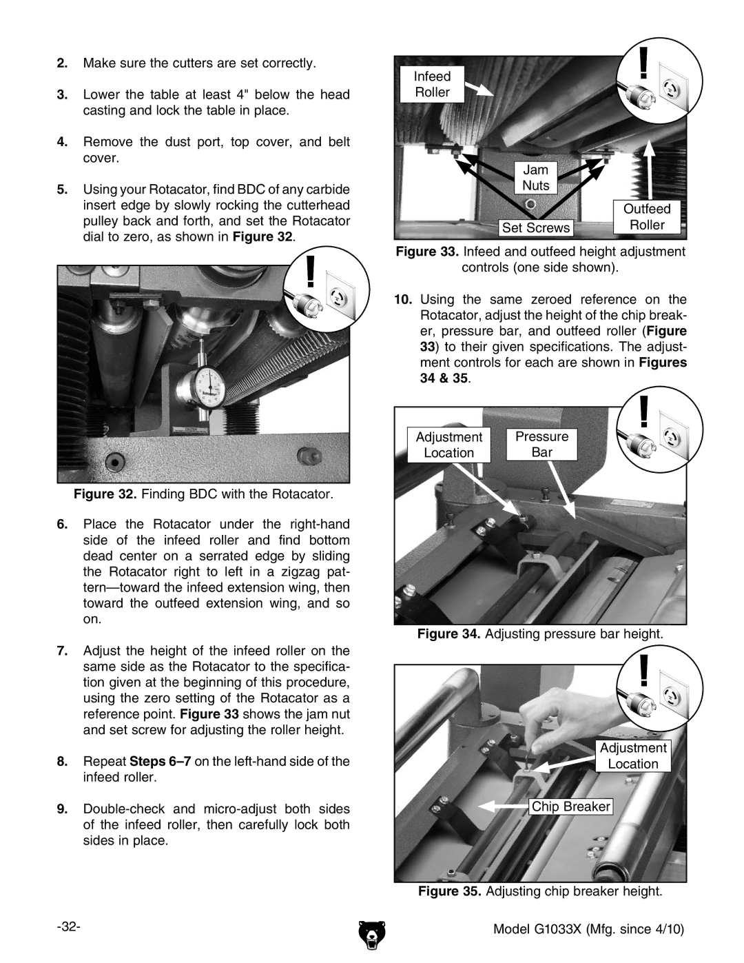 Grizzly owner manual Adjusting chip breaker height Model G1033X Mfg. since 4/10 