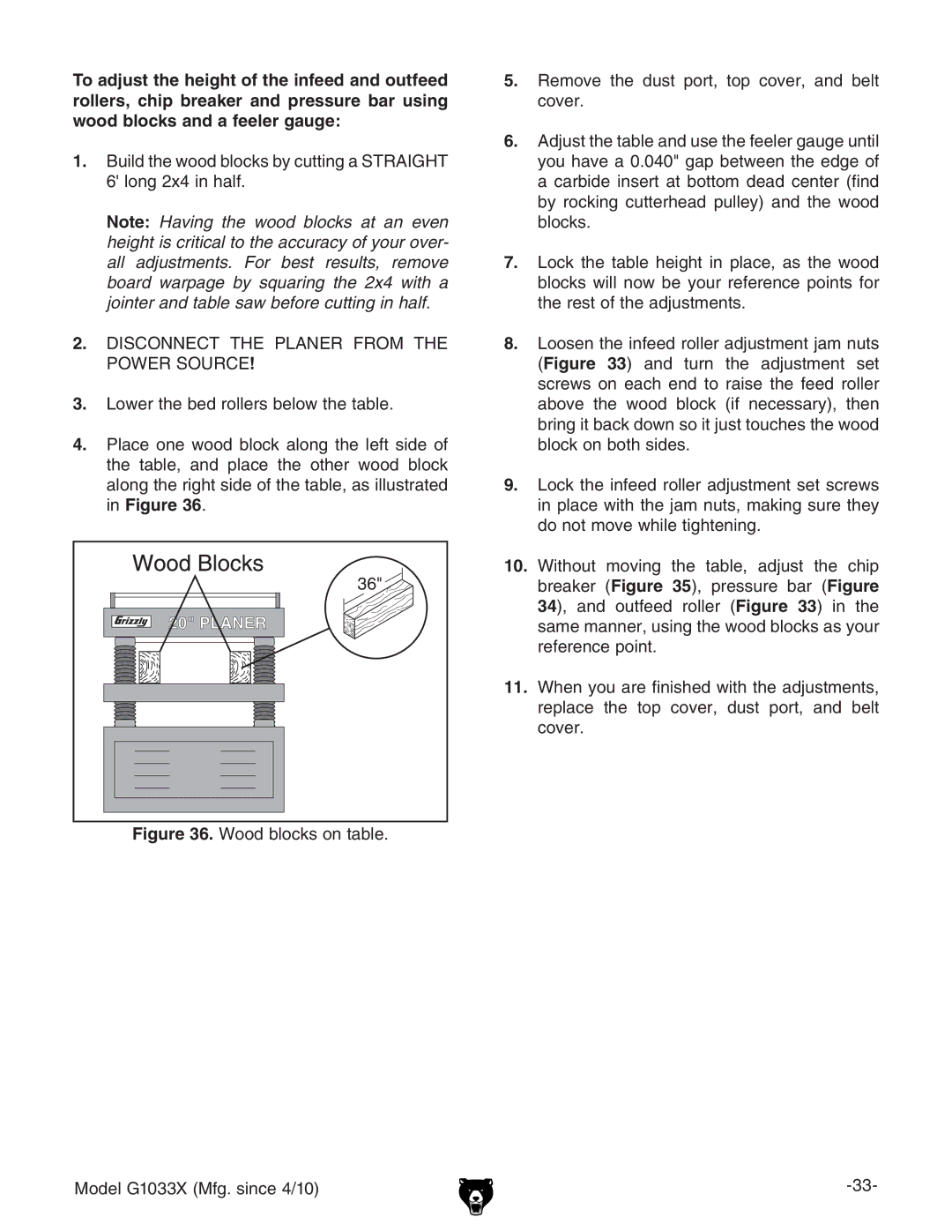 Grizzly G1033X owner manual Planer 