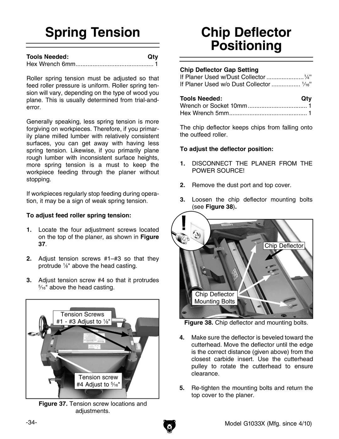 Grizzly G1033X owner manual Spring Tension, Chip Deflector Positioning, To adjust feed roller spring tension 