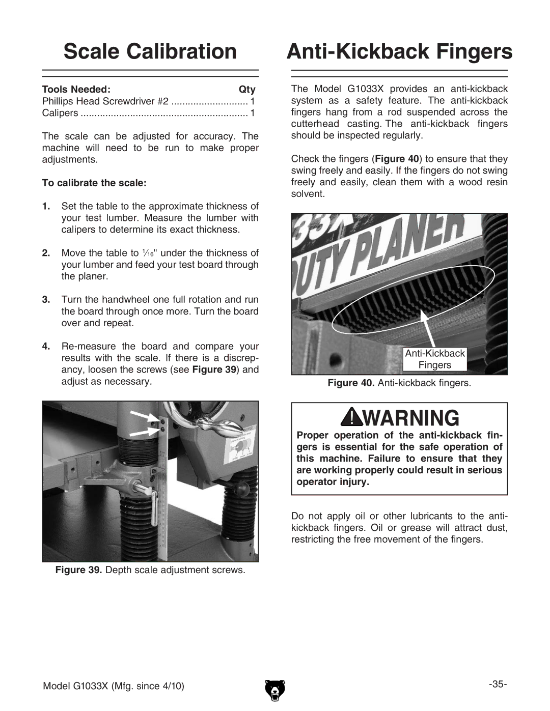 Grizzly G1033X owner manual Scale Calibration, Anti-Kickback Fingers, To calibrate the scale 