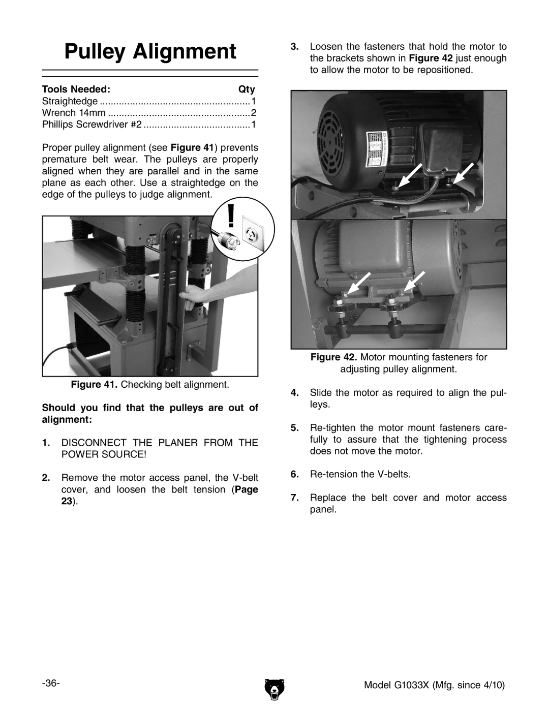 Grizzly G1033X owner manual Pulley Alignment, Should you find that the pulleys are out of alignment 