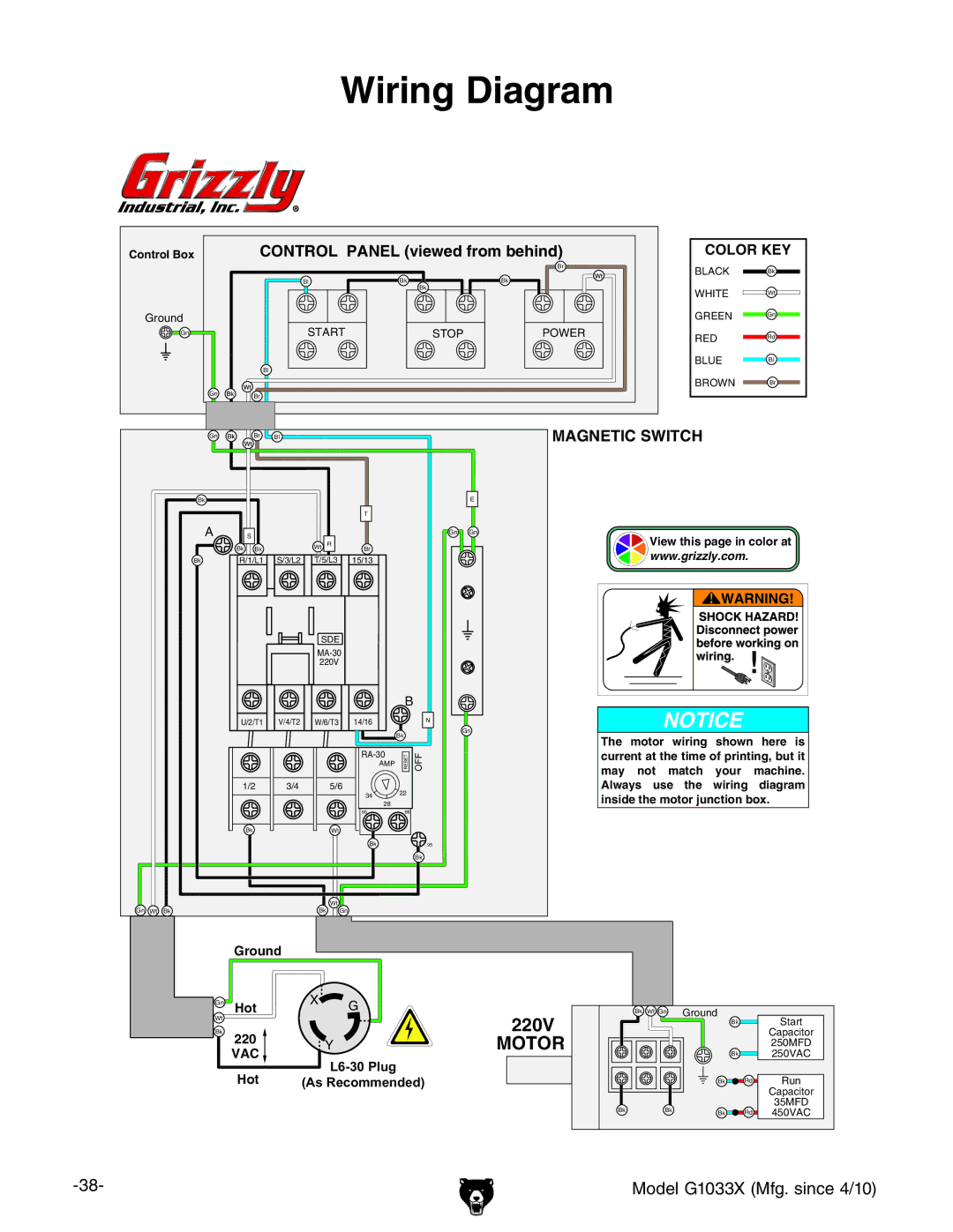 Grizzly G1033X owner manual Wiring Diagram, Magnetic Switch 