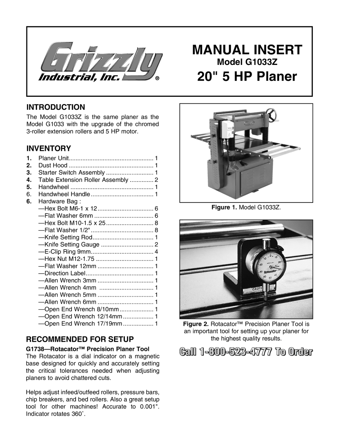 Grizzly G1033Z manual Manual Insert, 20 5 HP Planer 