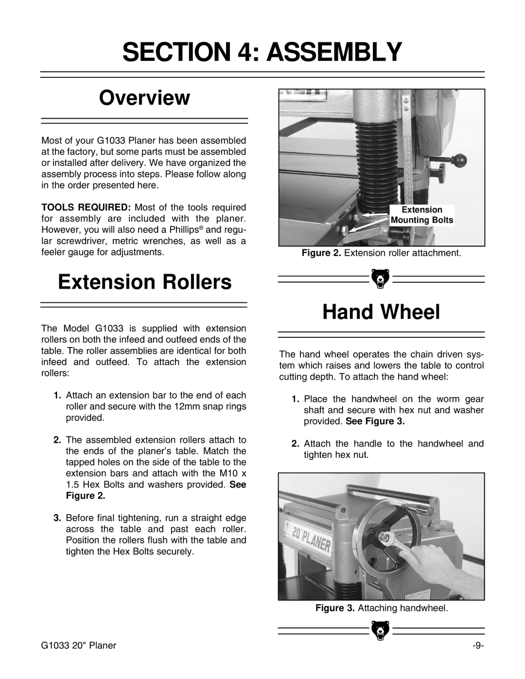 Grizzly G1033Z manual Assembly, Overview, Extension Rollers, Hand Wheel 