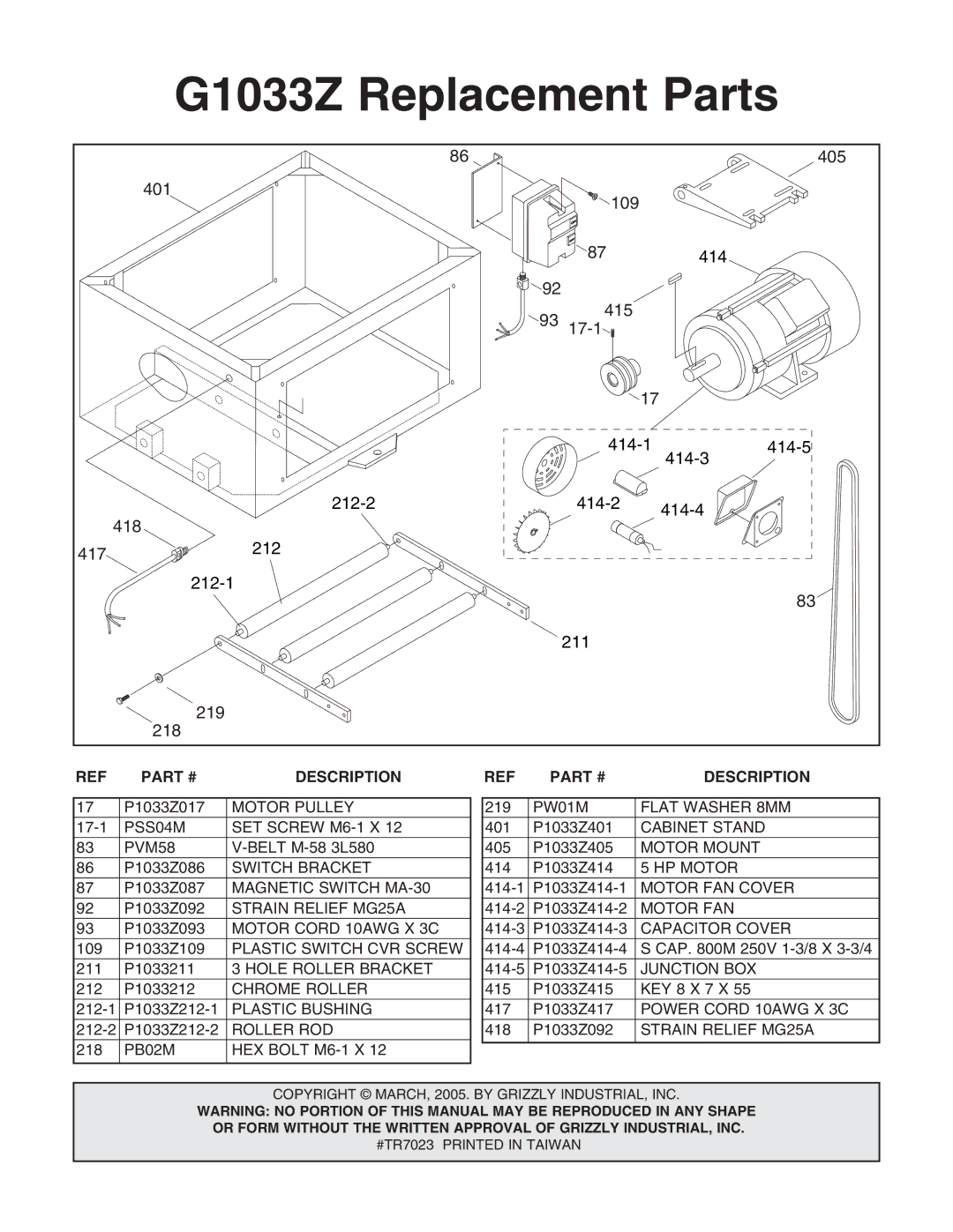 Grizzly manual G1033Z Replacement Parts 