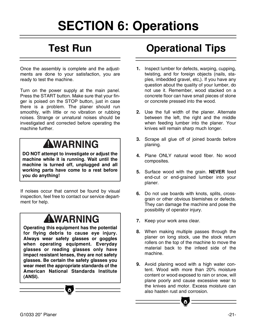 Grizzly G1033Z manual Operations, Test Run Operational Tips 