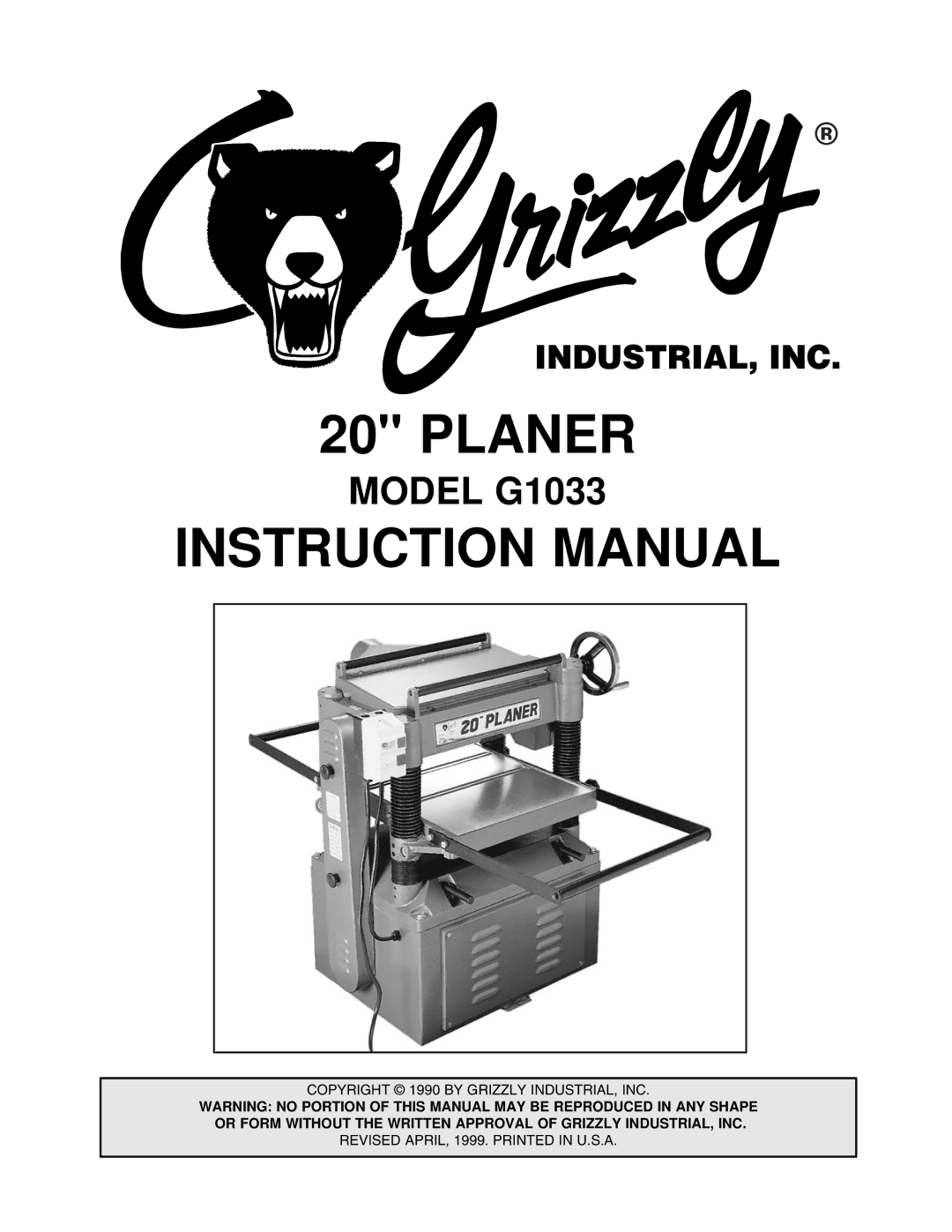 Grizzly G1033Z manual Planer 