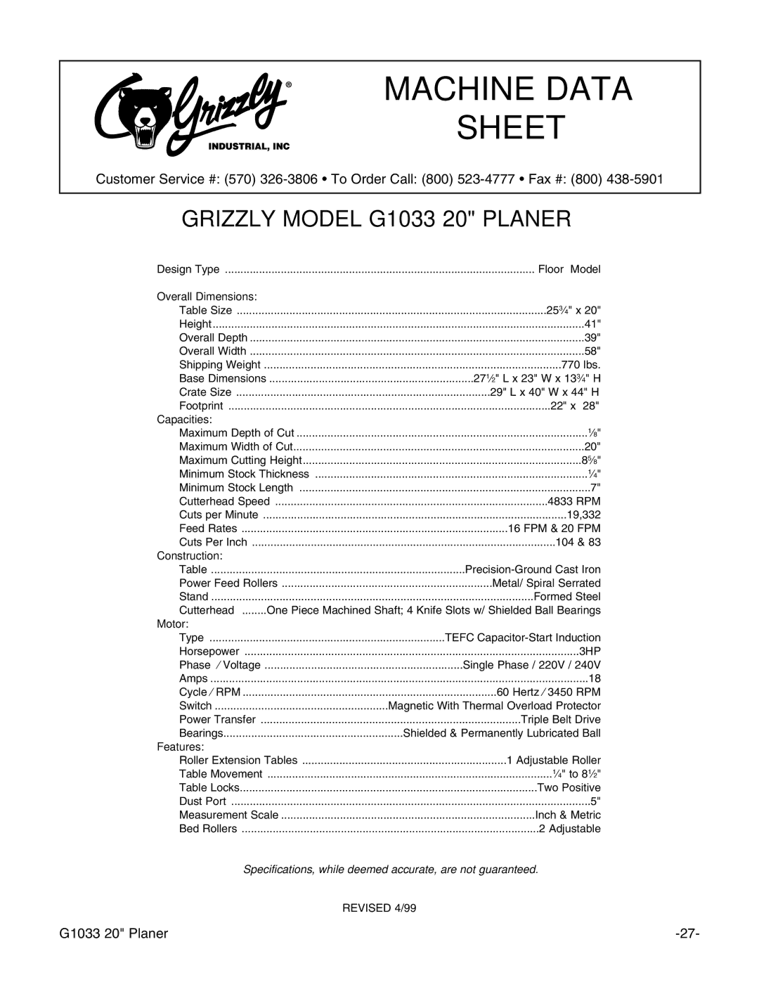 Grizzly G1033Z manual Machine Data Sheet 