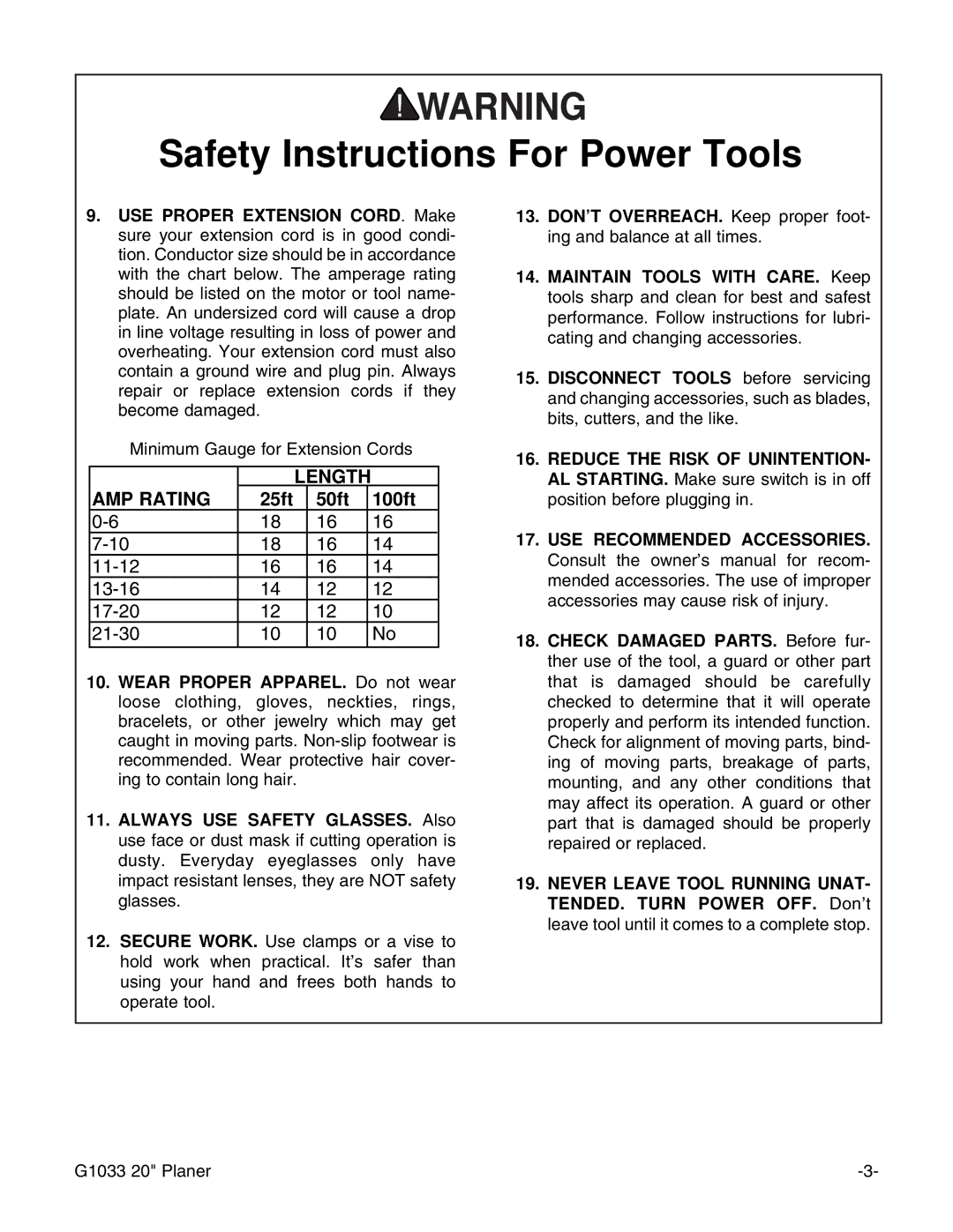 Grizzly G1033Z manual AMP Rating 