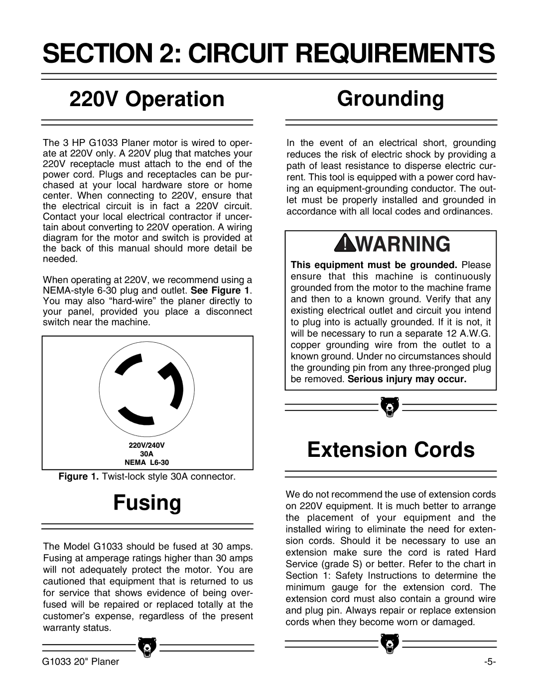 Grizzly G1033Z manual Circuit Requirements, 220V Operation Grounding, Fusing, Extension Cords 