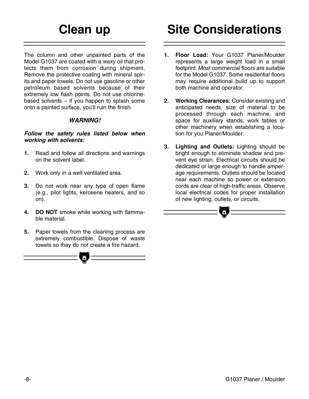 Grizzly G1037 instruction manual Clean up Site Considerations 